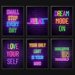 6pcs Neon Light Self-motivation Quotes Posters Wall Art Office Classroom Modern