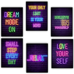 6pcs Neon Light Self-motivation Quotes Posters Wall Art Office Classroom Modern