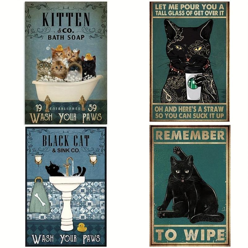 Fun Bathroom Quotes Canvas Painting - Vintage Cat Wash Your PAWS Sign
