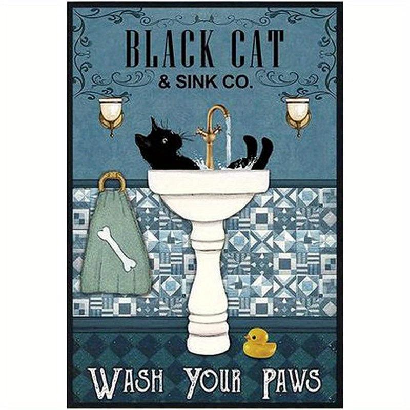 Fun Bathroom Quotes Canvas Painting - Vintage Cat Wash Your PAWS Sign