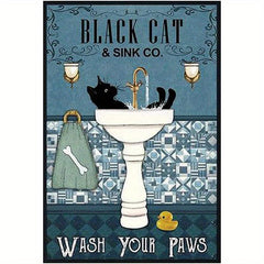 Fun Bathroom Quotes Canvas Painting - Vintage Cat Wash Your PAWS Sign