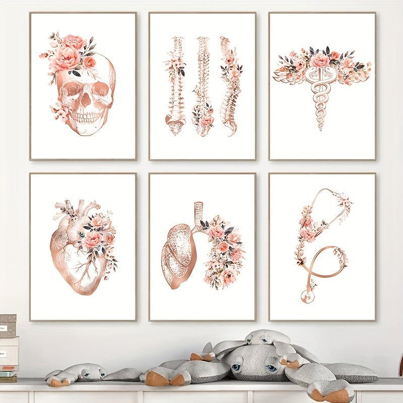 6pcs Anatomy Skeleton Organ Art Poster Heart Lungs Skull Spines Cad