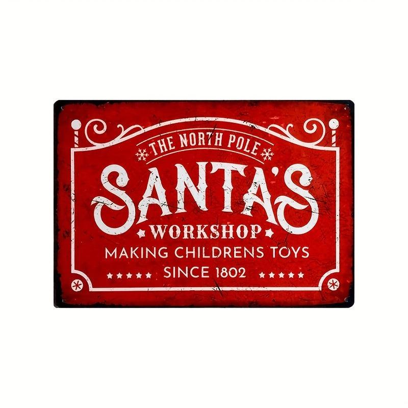 Retro Santa Workshop Metal Tin Sign Christmas Wall Decor 8x