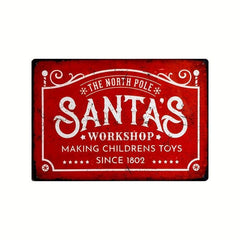 Retro Santa Workshop Metal Tin Sign Christmas Wall Decor 8x