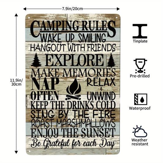 Vintage Camping Tin Sign Camping Rules Explore Family Fire Sunset Stars Memories