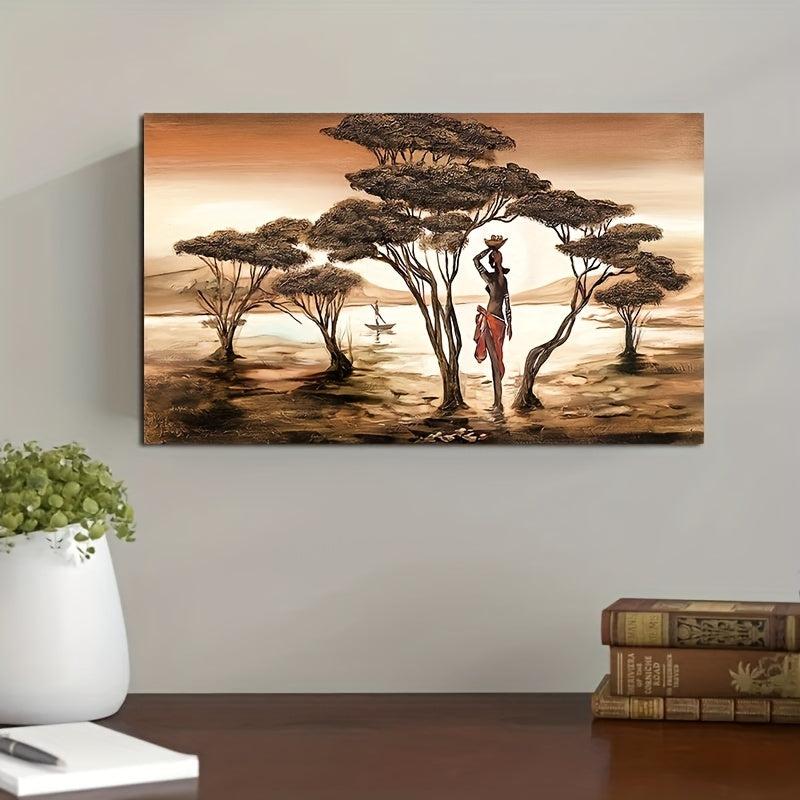 African Woman Painting on Wall Sunset Landscape Canvas Prints