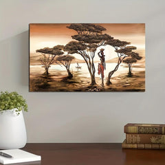 African Woman Painting on Wall Sunset Landscape Canvas Prints