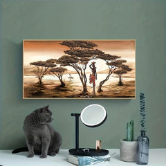 African Woman Painting on Wall Sunset Landscape Canvas Prints