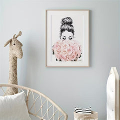 Abstract Canvas Painting of Woman Holding Flowers