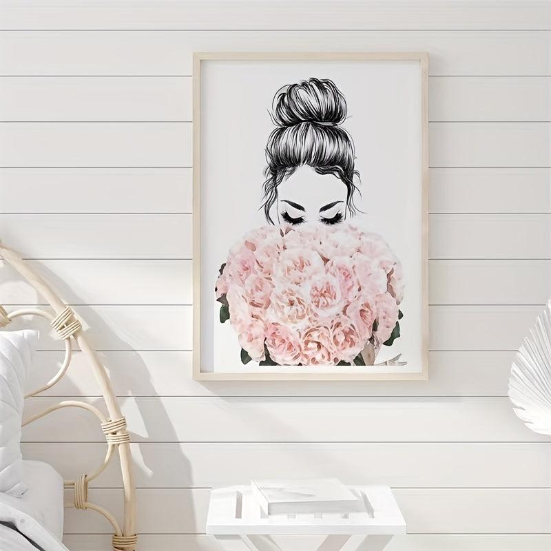Abstract Canvas Painting of Woman Holding Flowers