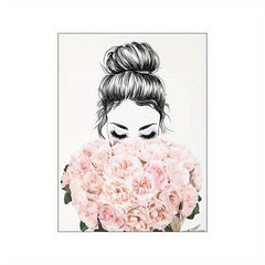 Abstract Canvas Painting of Woman Holding Flowers