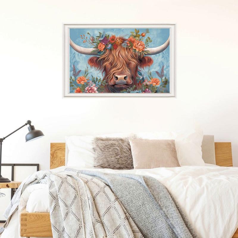 Highland Cow Flower Canvas Painting 15.7x23.6in No Frame