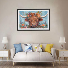 Highland Cow Flower Canvas Painting 15.7x23.6in No Frame