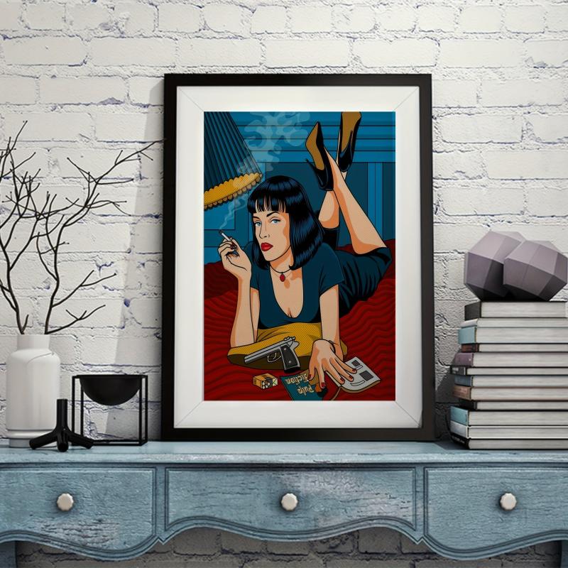 Canvas Poster Vintage Art Woman In Bed With Gun And Cigarette Poster