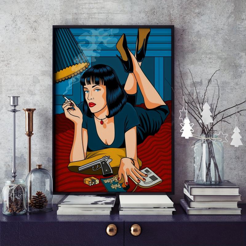 Canvas Poster Vintage Art Woman In Bed With Gun And Cigarette Poster