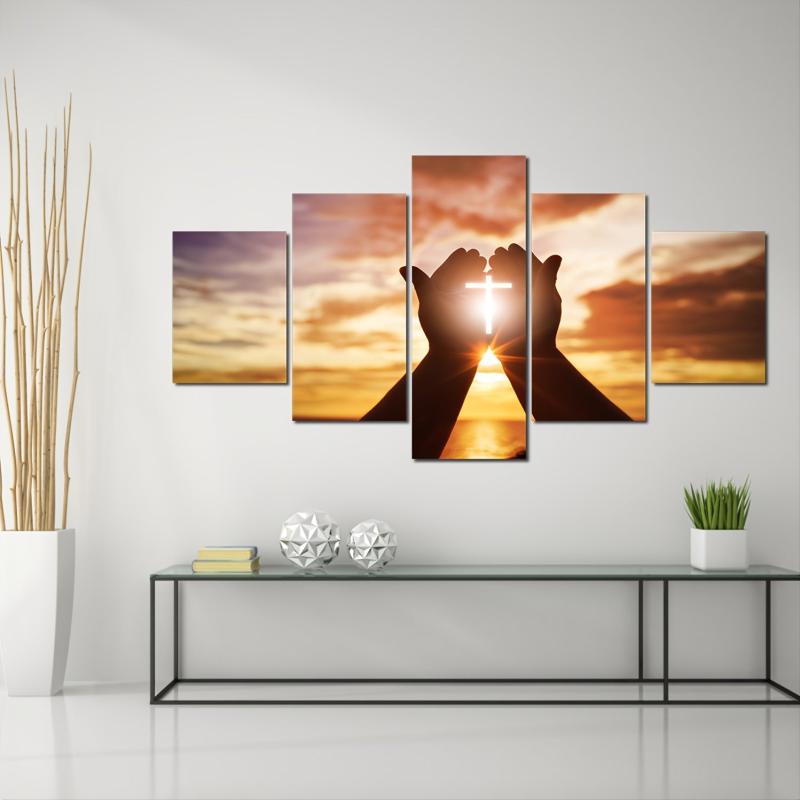 5pcs Deco Painting Hands Holding Cross Sunset Sea Artwork Home Decor