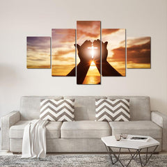 5pcs Deco Painting Hands Holding Cross Sunset Sea Artwork Home Decor