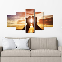 5pcs Deco Painting Hands Holding Cross Sunset Sea Artwork Home Decor