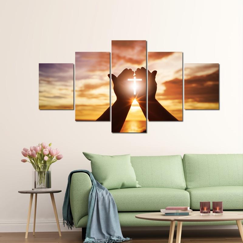 5pcs Deco Painting Hands Holding Cross Sunset Sea Artwork Home Decor