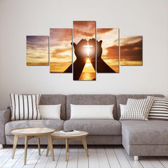 5pcs Deco Painting Hands Holding Cross Sunset Sea Artwork Home Decor