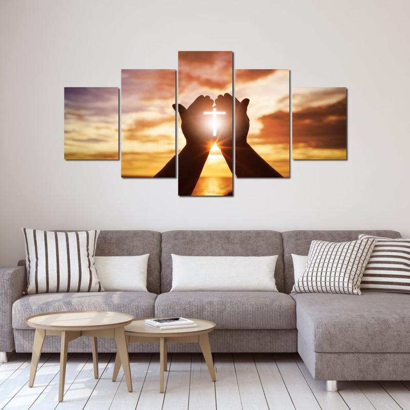 5pcs Deco Painting Hands Holding Cross Sunset Sea Artwork Home Decor