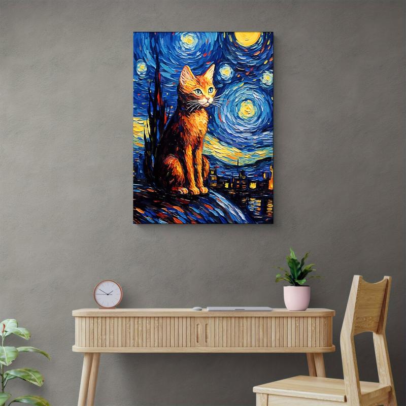 Orange Cat Starry Sky Animal Canvas Print Vintage Cat Painting