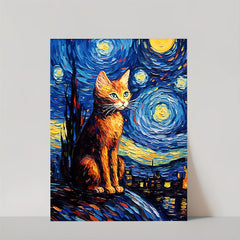 Orange Cat Starry Sky Animal Canvas Print Vintage Cat Painting