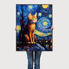 Orange Cat Starry Sky Animal Canvas Print Vintage Cat Painting