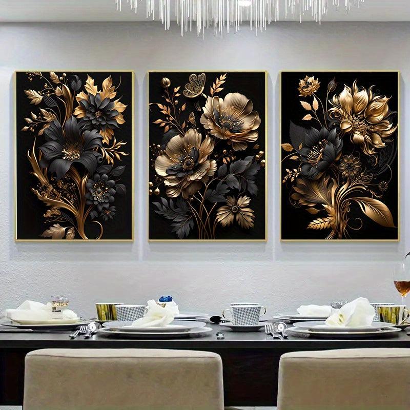 3pcs Golden Flower Poster Modern Wall Picture for Living Room Home Decor