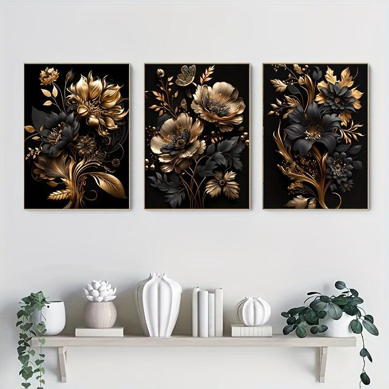 3pcs Golden Flower Poster Modern Wall Picture for Living Room Home Decor