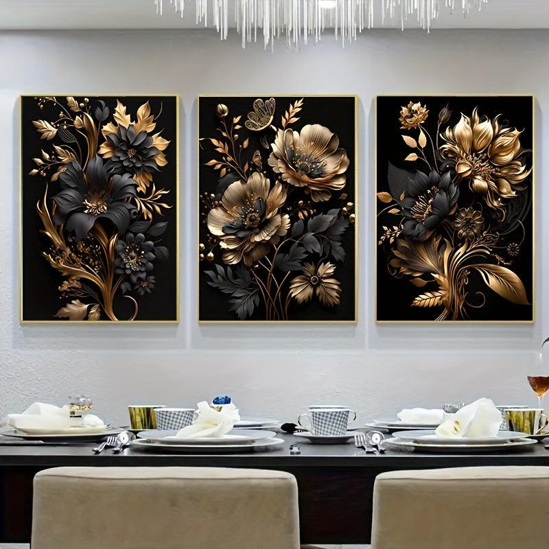 3pcs Golden Flower Poster Modern Wall Picture for Living Room Home Decor