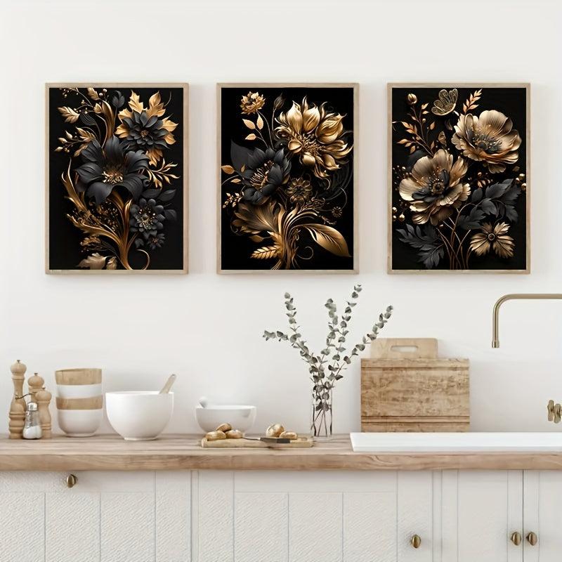 3pcs Golden Flower Poster Modern Wall Picture for Living Room Home Decor