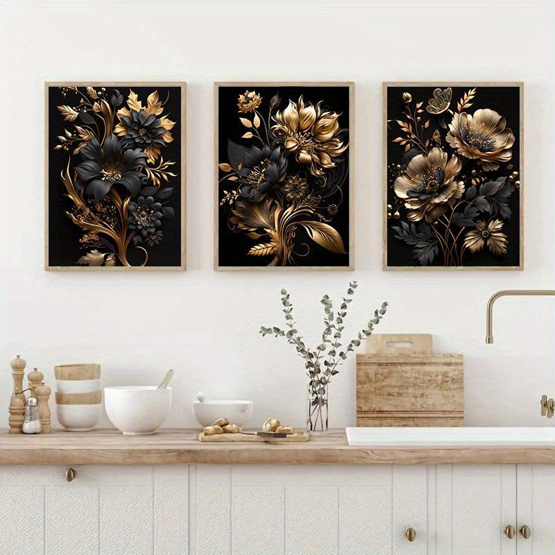 3pcs Golden Flower Poster Modern Wall Picture for Living Room Home Decor
