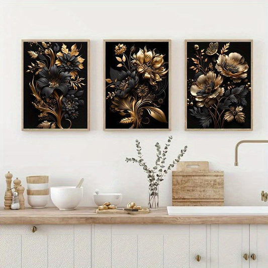 3pcs Golden Flower Poster Modern Wall Picture for Living Room Home Decor