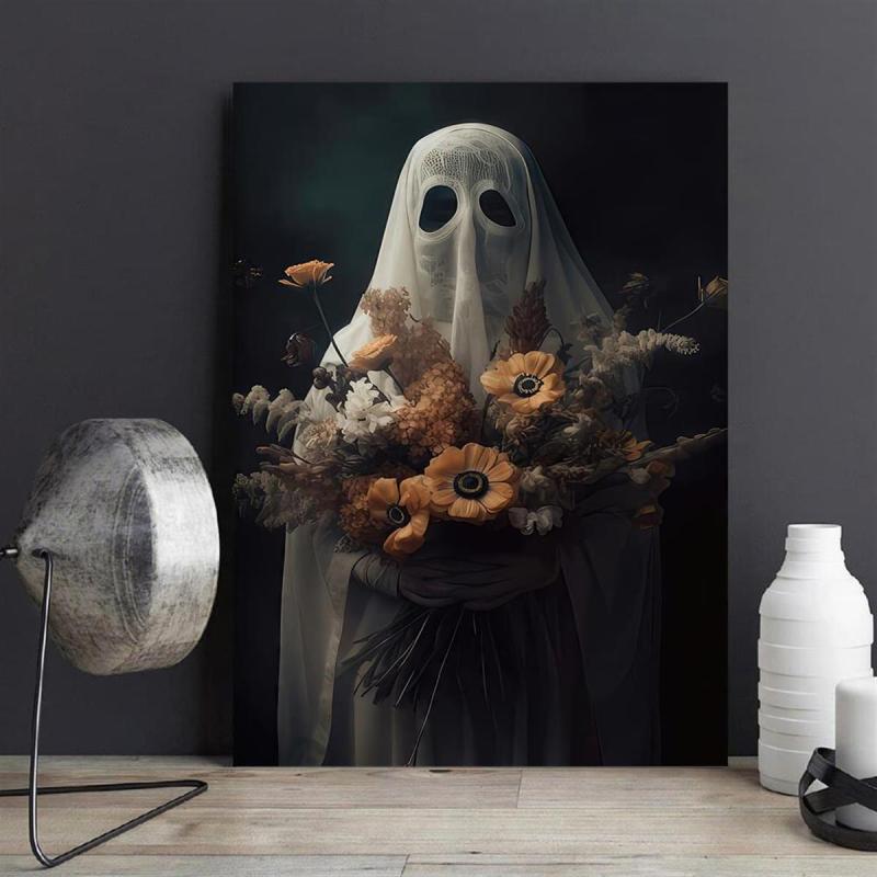 Canvas Poster Ghost Holding Bouquet Of Flowers Dark Academia Wall Decor