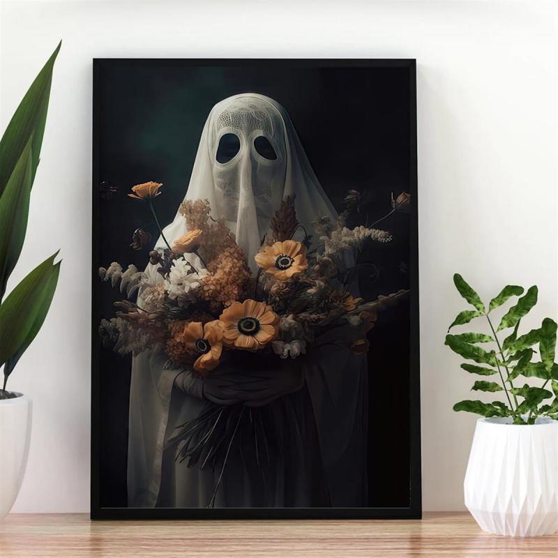 Canvas Poster Ghost Holding Bouquet Of Flowers Dark Academia Wall Decor