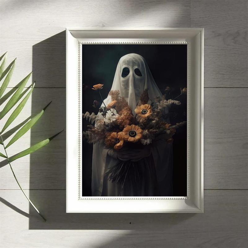 Canvas Poster Ghost Holding Bouquet Of Flowers Dark Academia Wall Decor