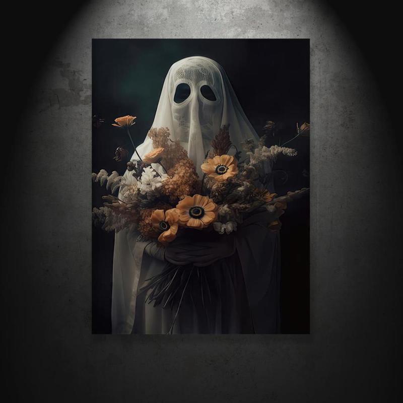 Canvas Poster Ghost Holding Bouquet Of Flowers Dark Academia Wall Decor