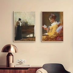 Vintage Girl Reading Book Canvas Wall Art