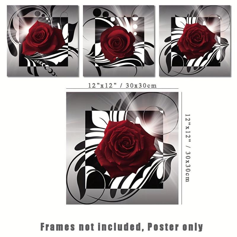 3pcs Red Roses Posters Lover Modern Art 12x12 Bedroom Living Room Wall Paintings
