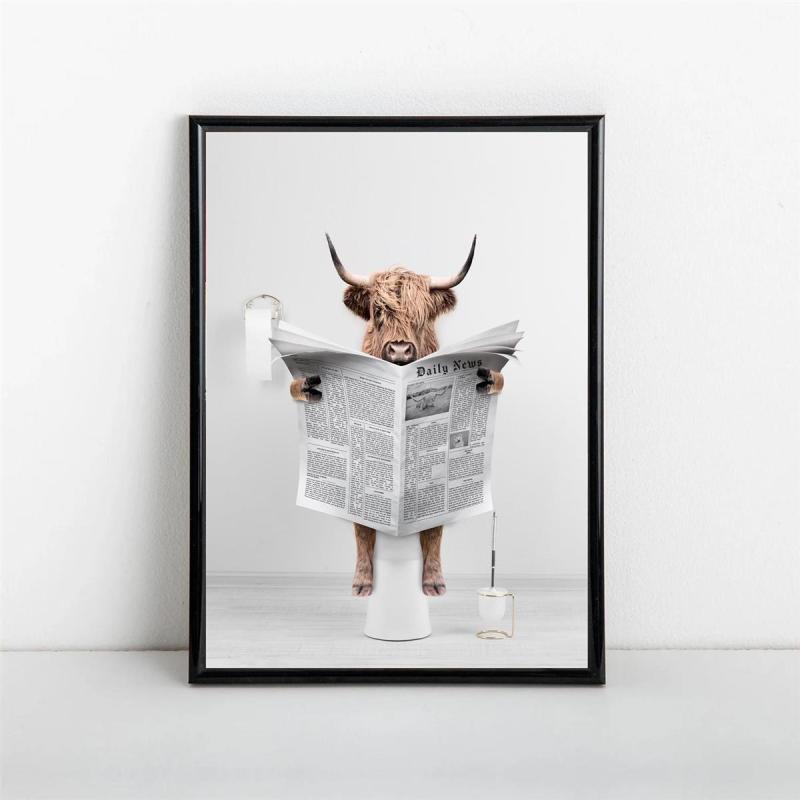 Scottish Highland Cow In Toilet Reading Newspaper Bathroom Art