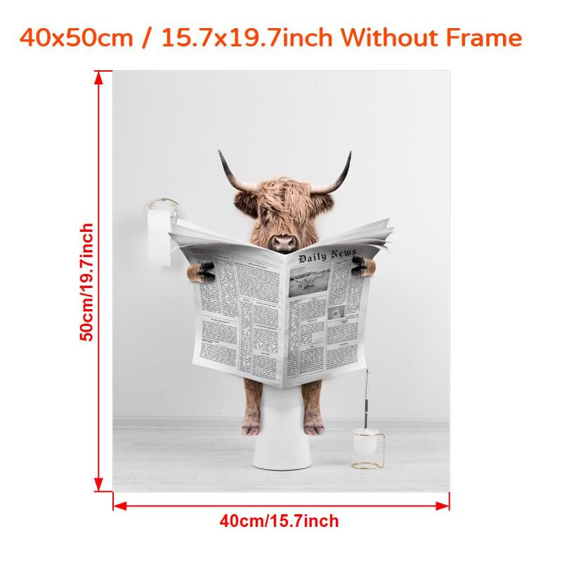 Scottish Highland Cow In Toilet Reading Newspaper Bathroom Art