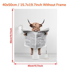 Scottish Highland Cow In Toilet Reading Newspaper Bathroom Art
