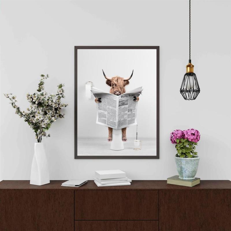 Scottish Highland Cow In Toilet Reading Newspaper Bathroom Art