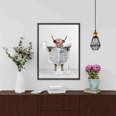 Scottish Highland Cow In Toilet Reading Newspaper Bathroom Art