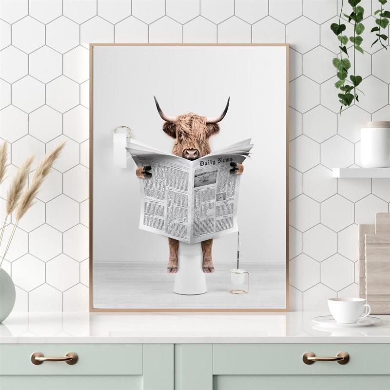 Scottish Highland Cow In Toilet Reading Newspaper Bathroom Art