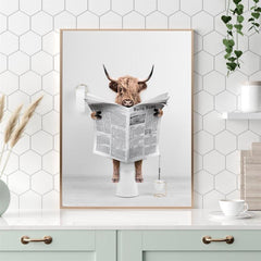 Scottish Highland Cow In Toilet Reading Newspaper Bathroom Art