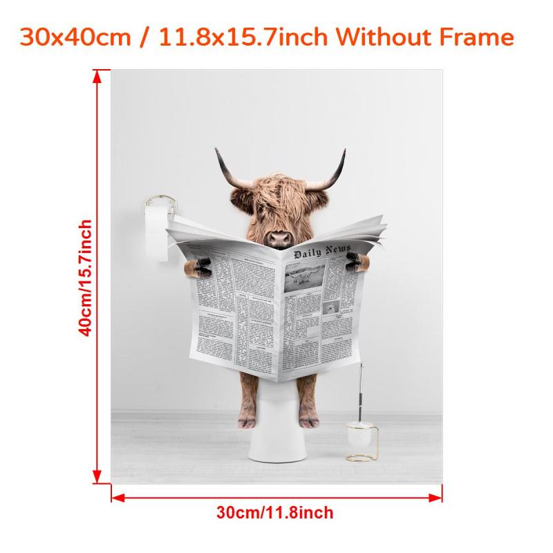 Scottish Highland Cow In Toilet Reading Newspaper Bathroom Art