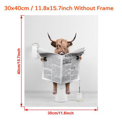 Scottish Highland Cow In Toilet Reading Newspaper Bathroom Art