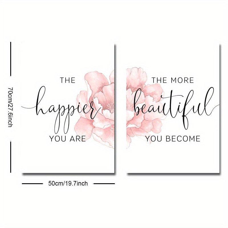 2pcs Floral Art Poster with Happier Quote Canvas Print